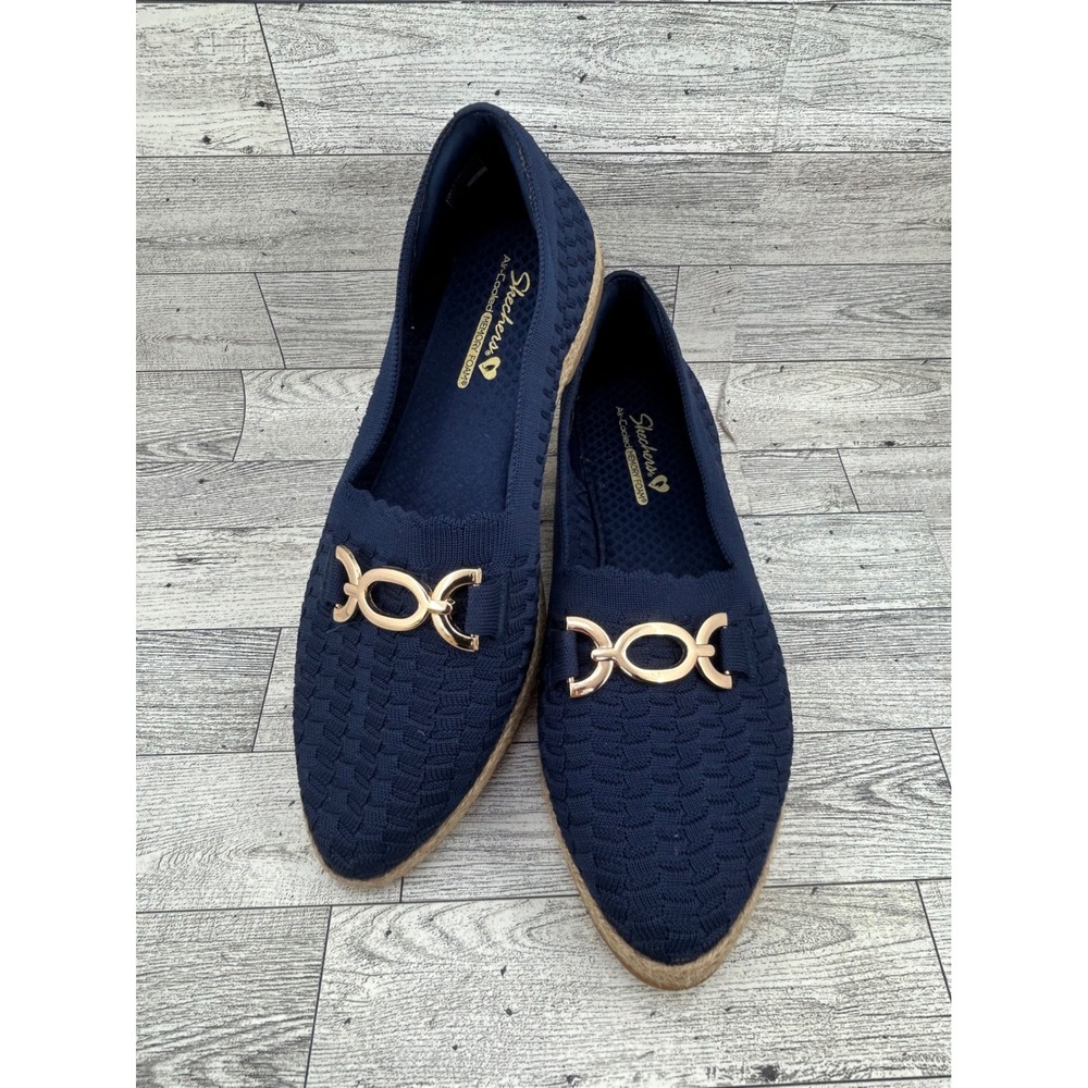Skechers Navy Blue Woven Espadrille Flats Gold Chain Accent 158714 Women Sz 10